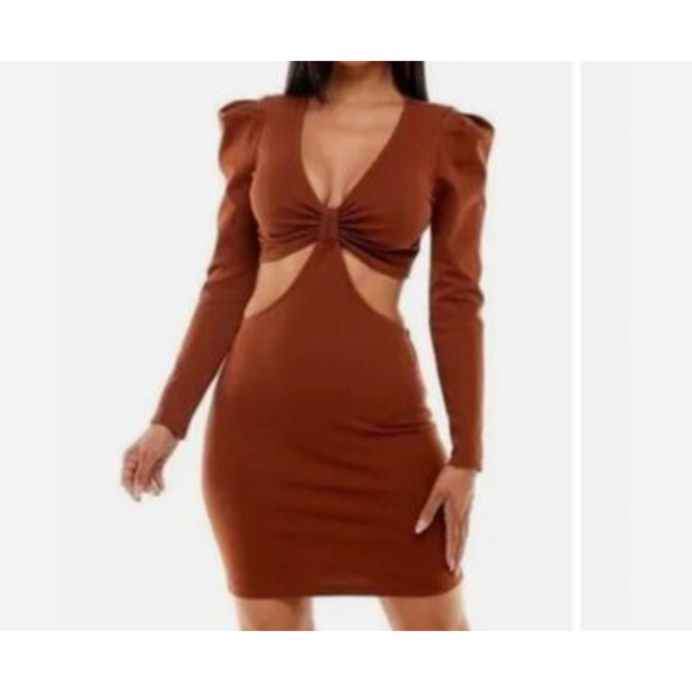 NWOT Socialite Cutout Bodycon V-Neck Mini Dress Brown Puff Long Sleeve Sz Large